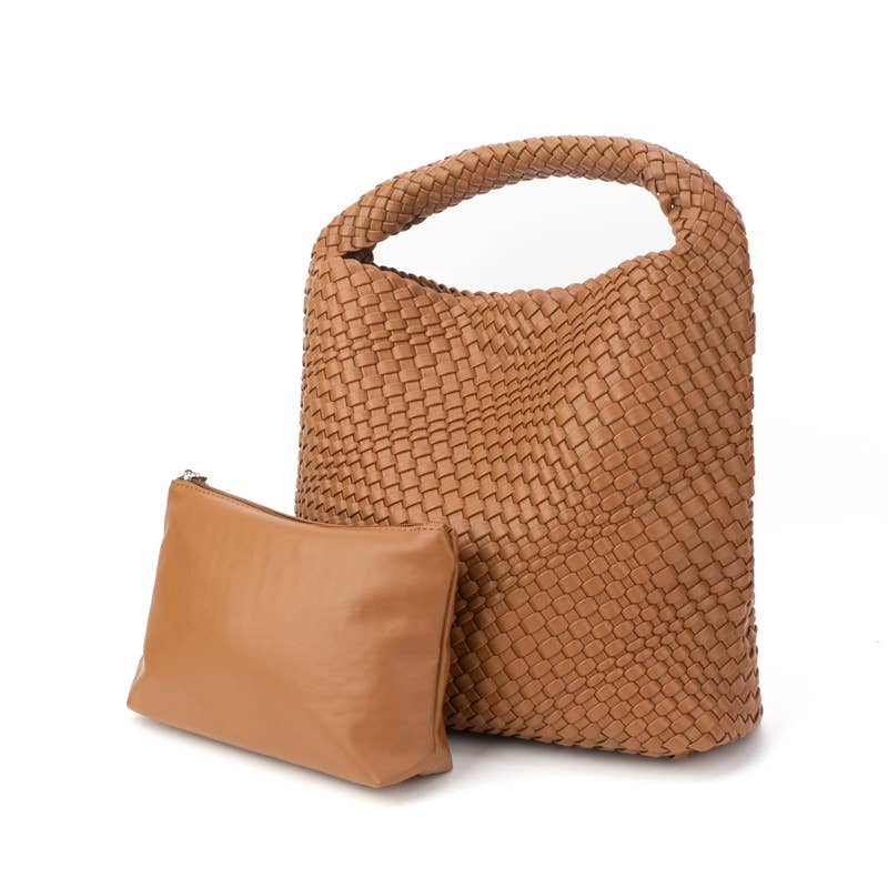 The Willow | Large Woven Vegan Leather Tote with Pouch Bag: Brown