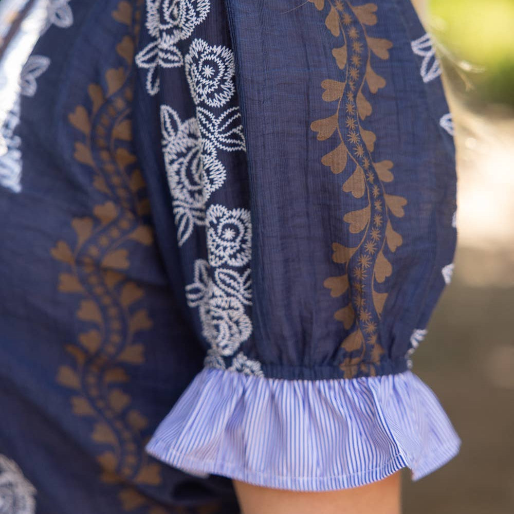 Navy Stripe Ruffle Detail Floral Printed Top
