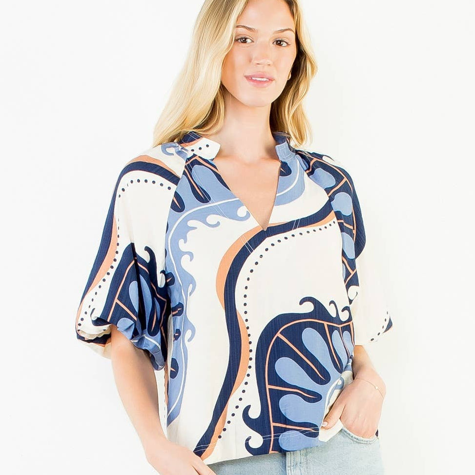 Abstract Print Top With Puff Sleeves