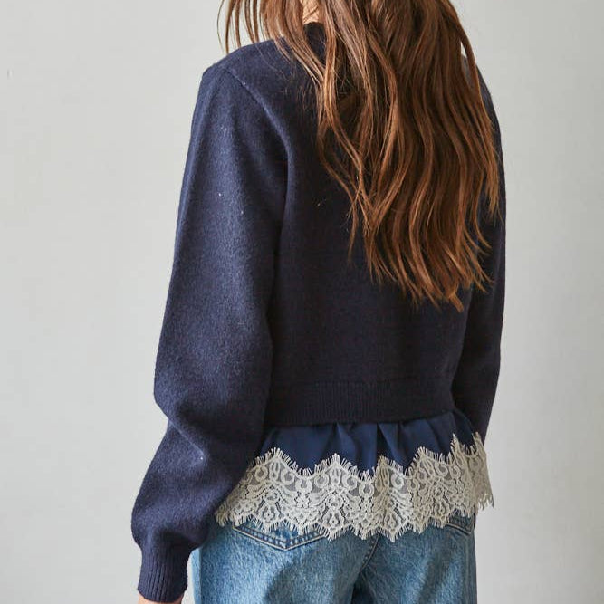 Sweater Twofer Top Satin Lace Trim Detail