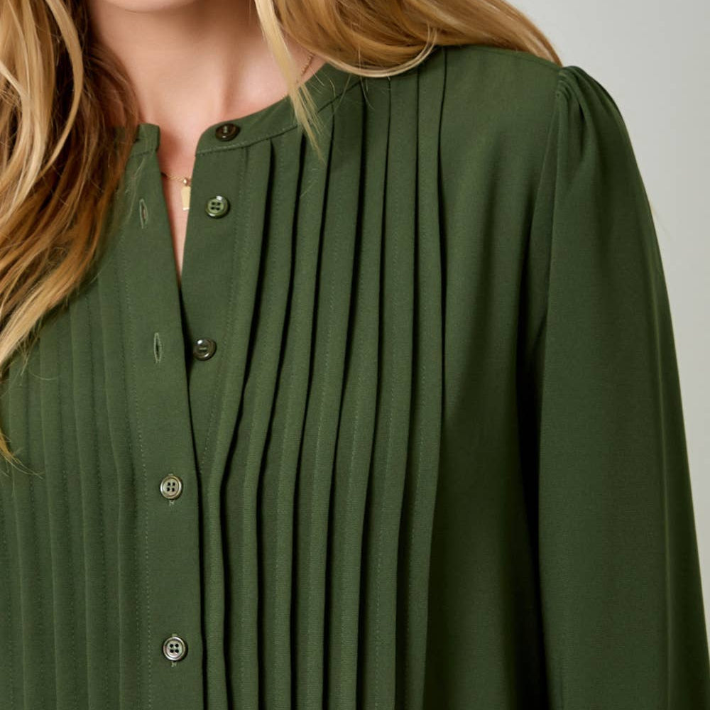 Front Pleated Button Down Shirt