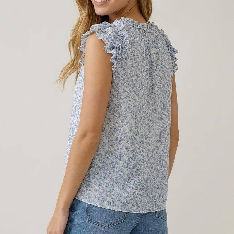 Abstract Printed V-Neck Ruffle Cap Sleeve Blouse