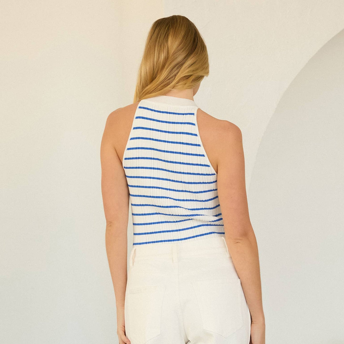 White-Blue Stripe Rib Knit Tank Top