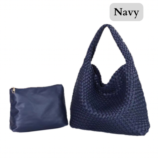 The Willow | Large Woven Vegan Leather Tote with Pouch Bag: Navy