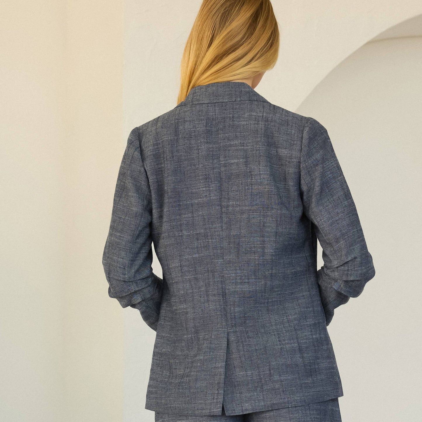 Denim-Look Double-Breasted Blazer with Ruched Sleeves