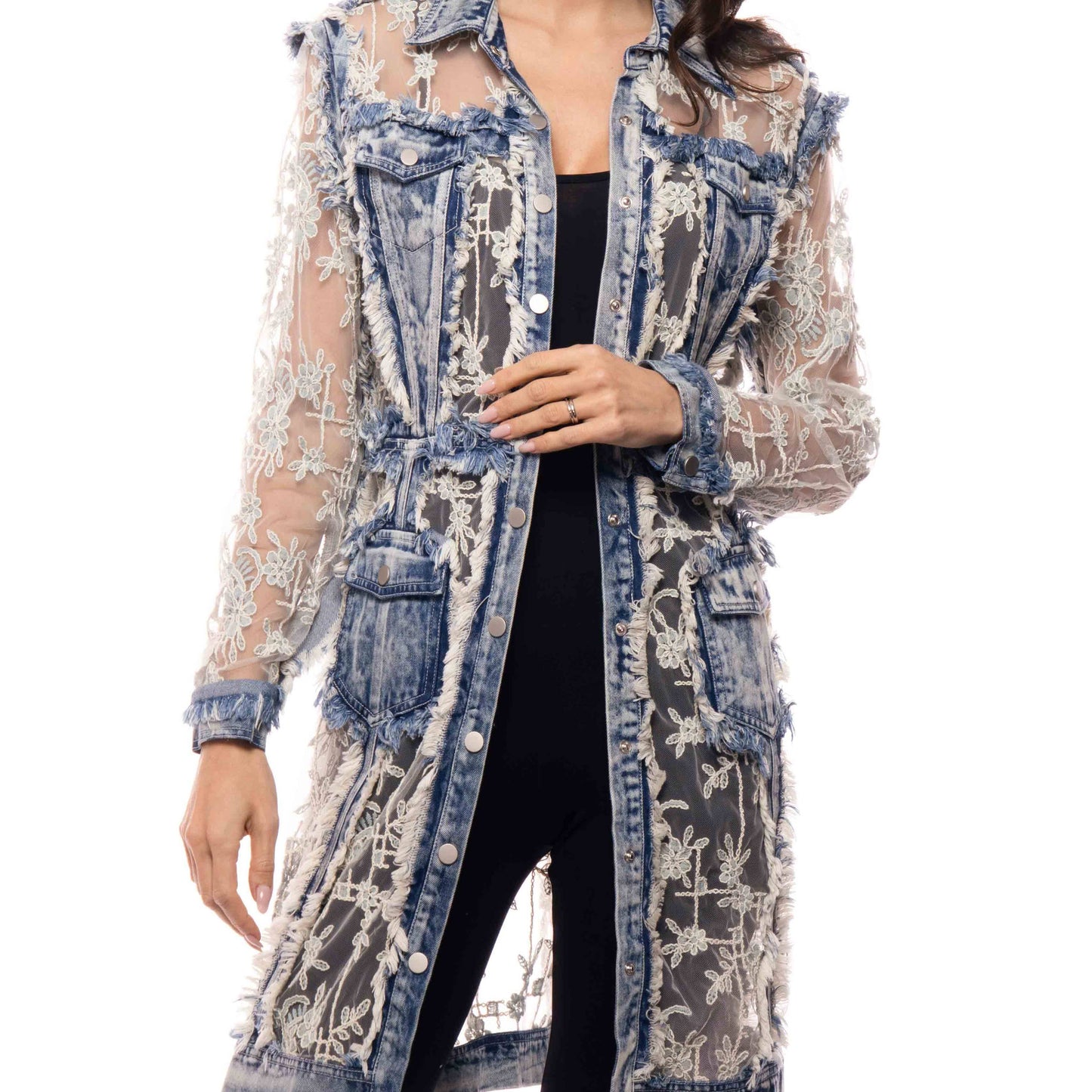 Lace Panel Denim Duster Jacket