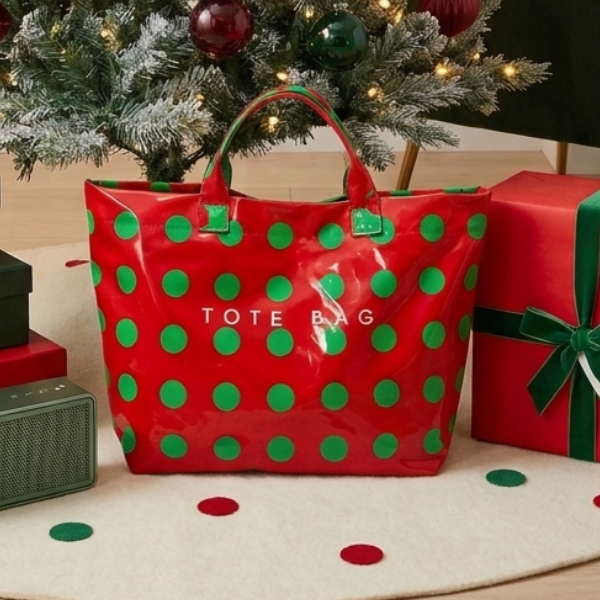 Red and Green Polka Dot Vinyl Tote Bag