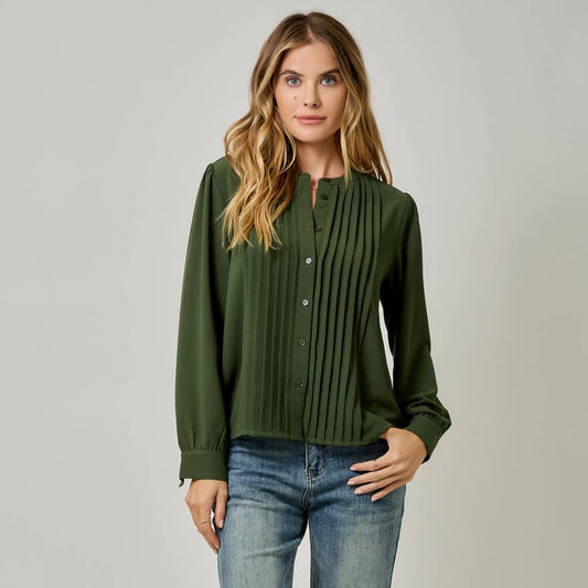 Front Pleated Button Down Shirt