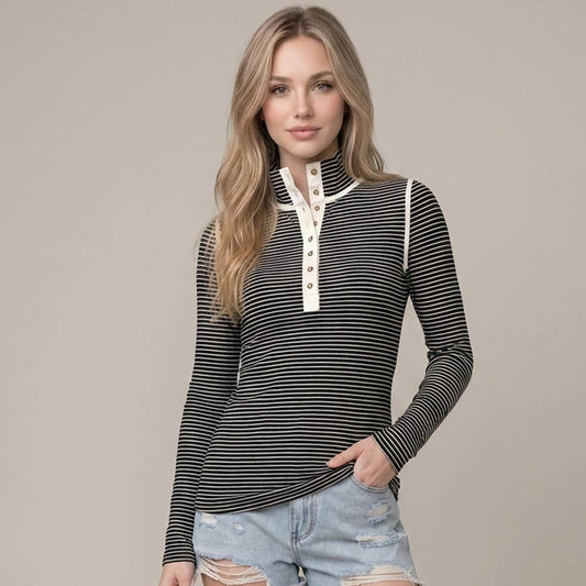 Black and White Striped Henley Top