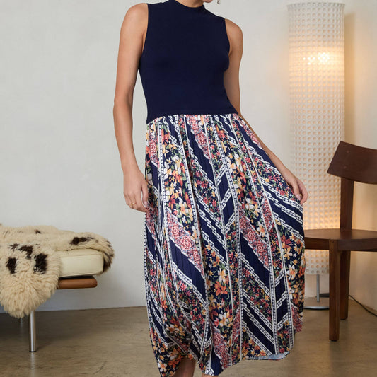 Sleeveless Printed Mixed Media Pleated Skirt Mock Neck Dress