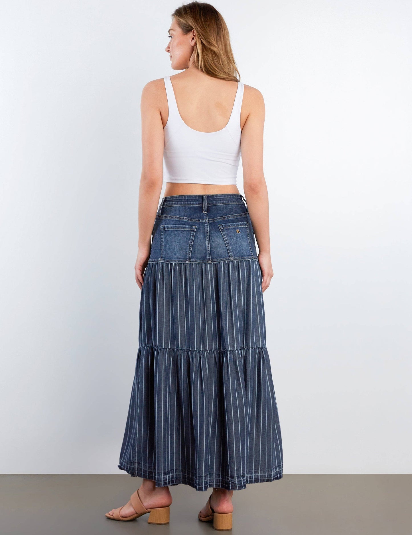 Contrast Tiered Denim Maxi Skirt