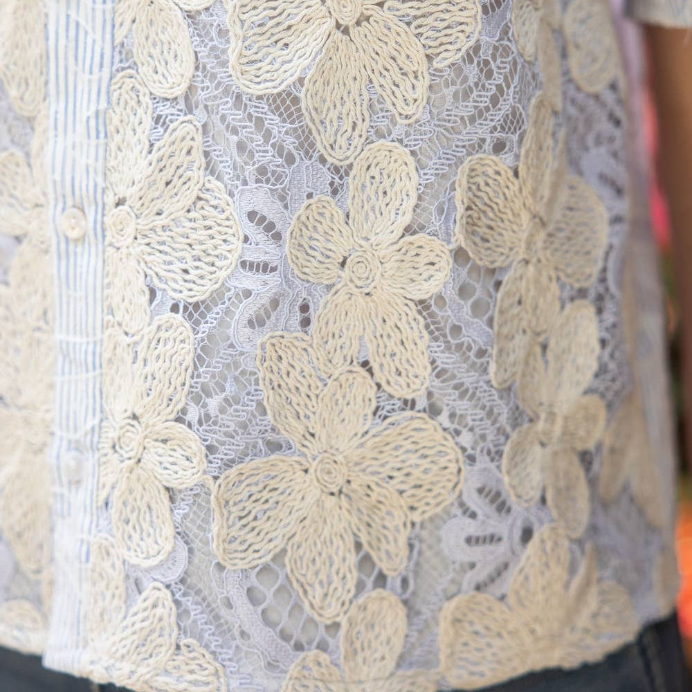 Blue Button Down Stripe Paisley Floral Embroidered Top
