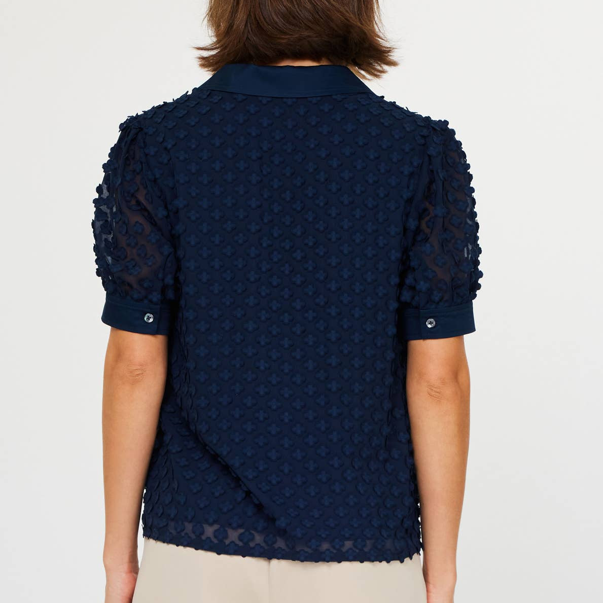 Navy 3D Floral Short Sleeve Button Down Blouse
