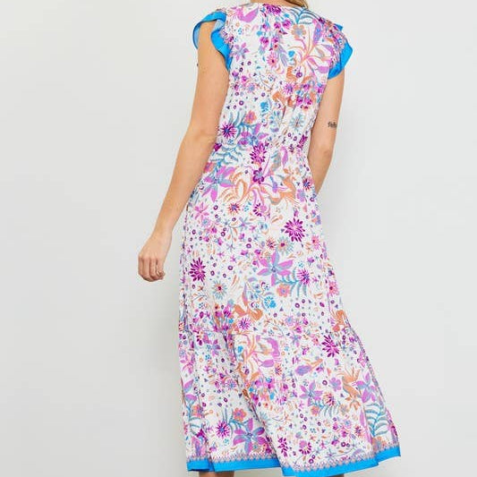 Capri Blue Border Print Short Sleeve Midi Dress