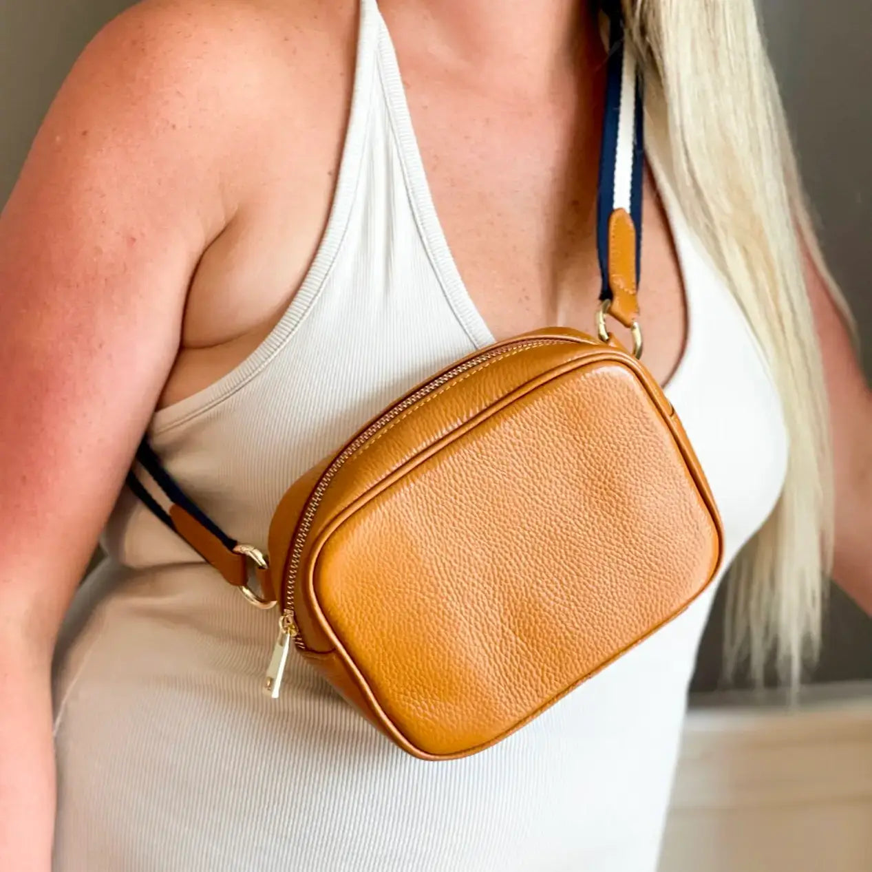 Convertible Pebbled Leather Belt Bag/Sling Bag: Camel