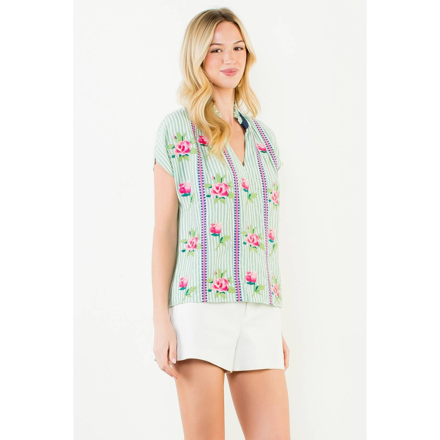 Embroidered Stripe V-Neck Top