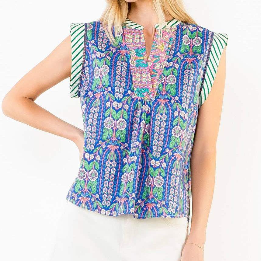 Short Sleeve Floral Pattern V-Neck Top