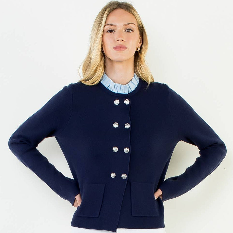 Ruffled Collar Cardigan With Silver Buttons