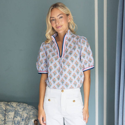 Periwinkle Multi Stripe Contrast Detail Floral Printed Top