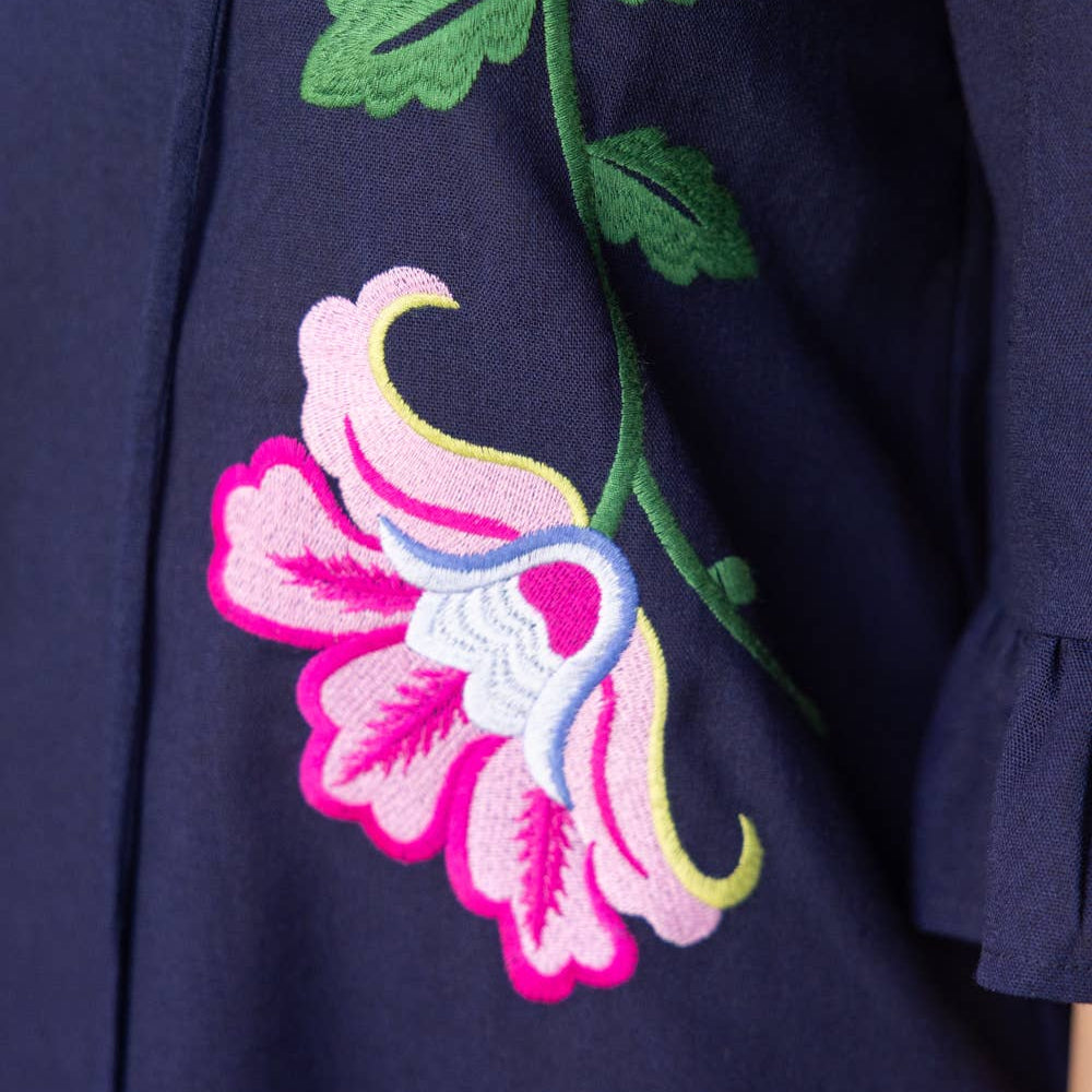 Navy Tassle V-Neck Embroidery Detailed Shift Dress