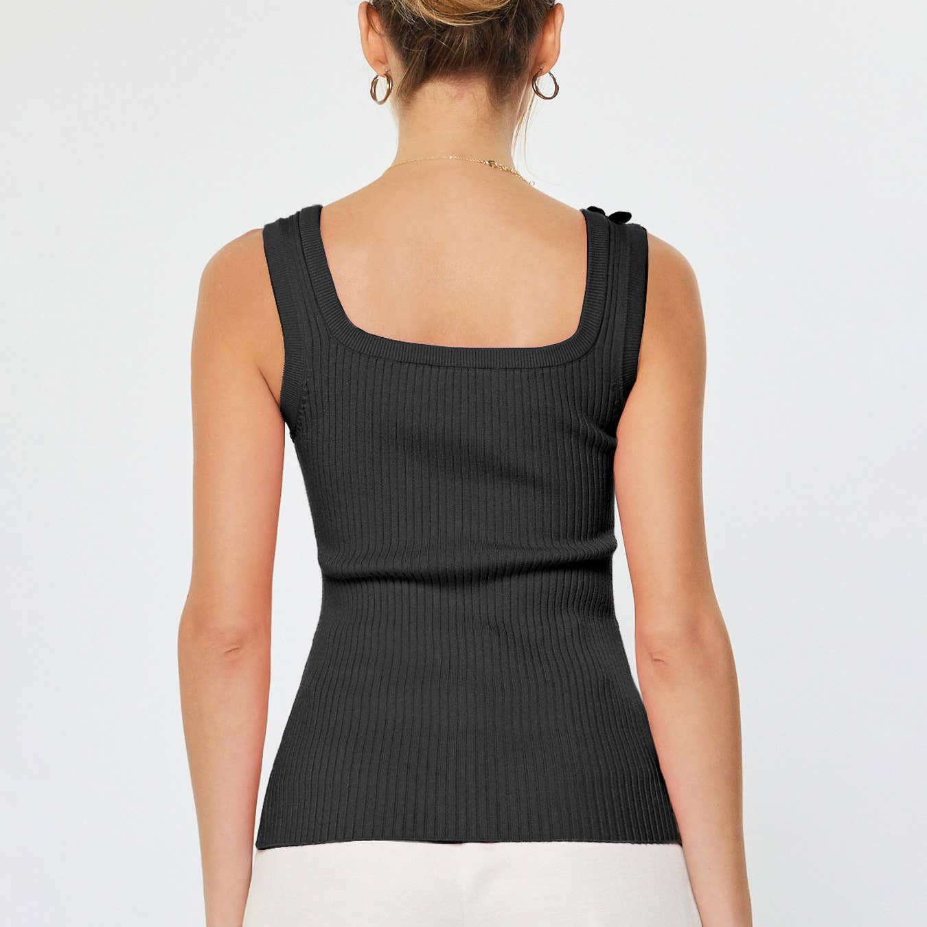 Black Floral Accent Ribbed Tank Top