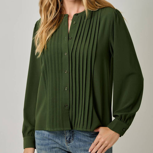 Front Pleated Button Down Shirt