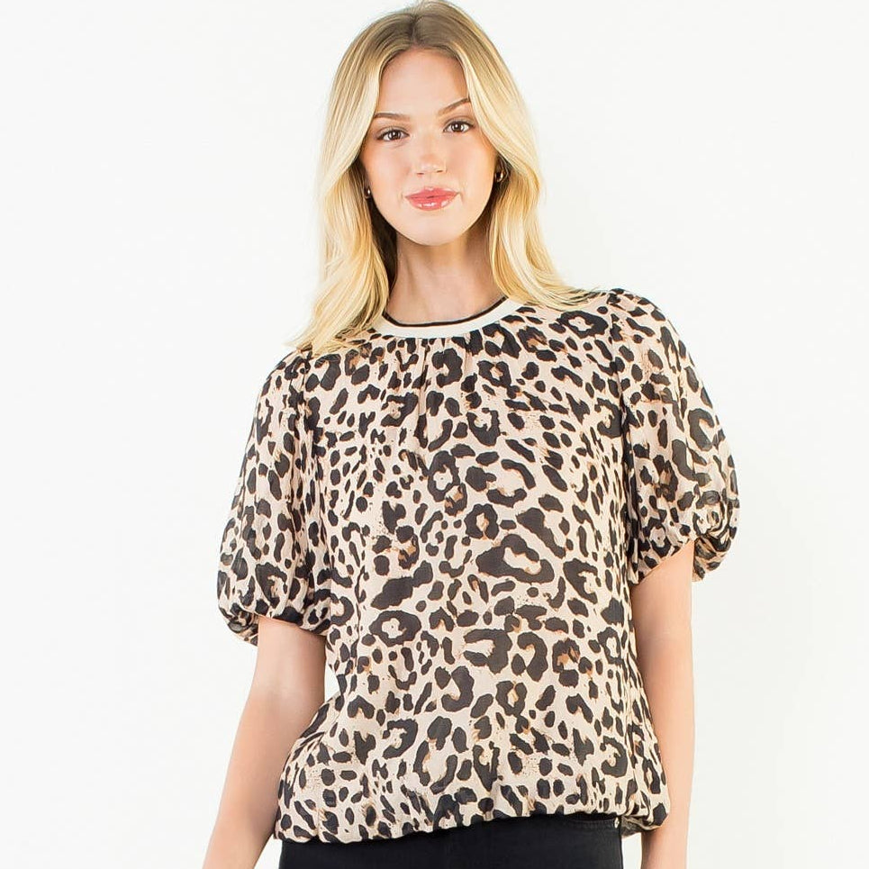 Flowy Puff Sleeve Animal Print Top