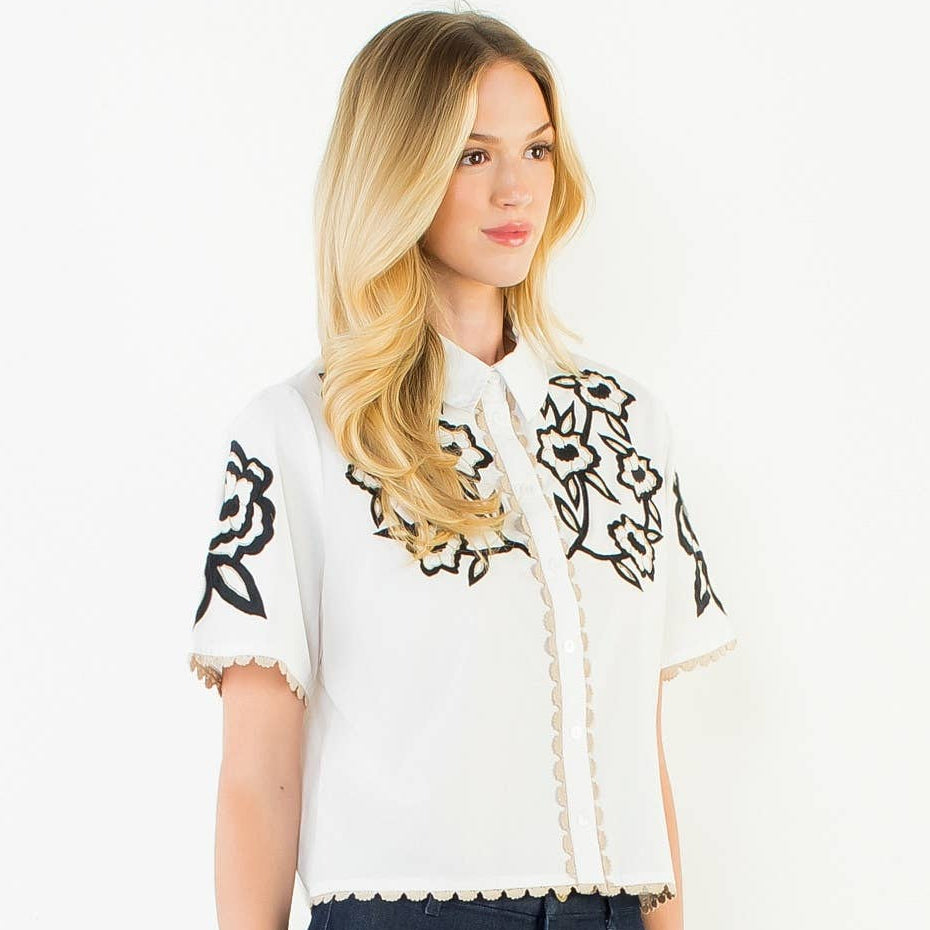Collared Button Up Embroidery Top