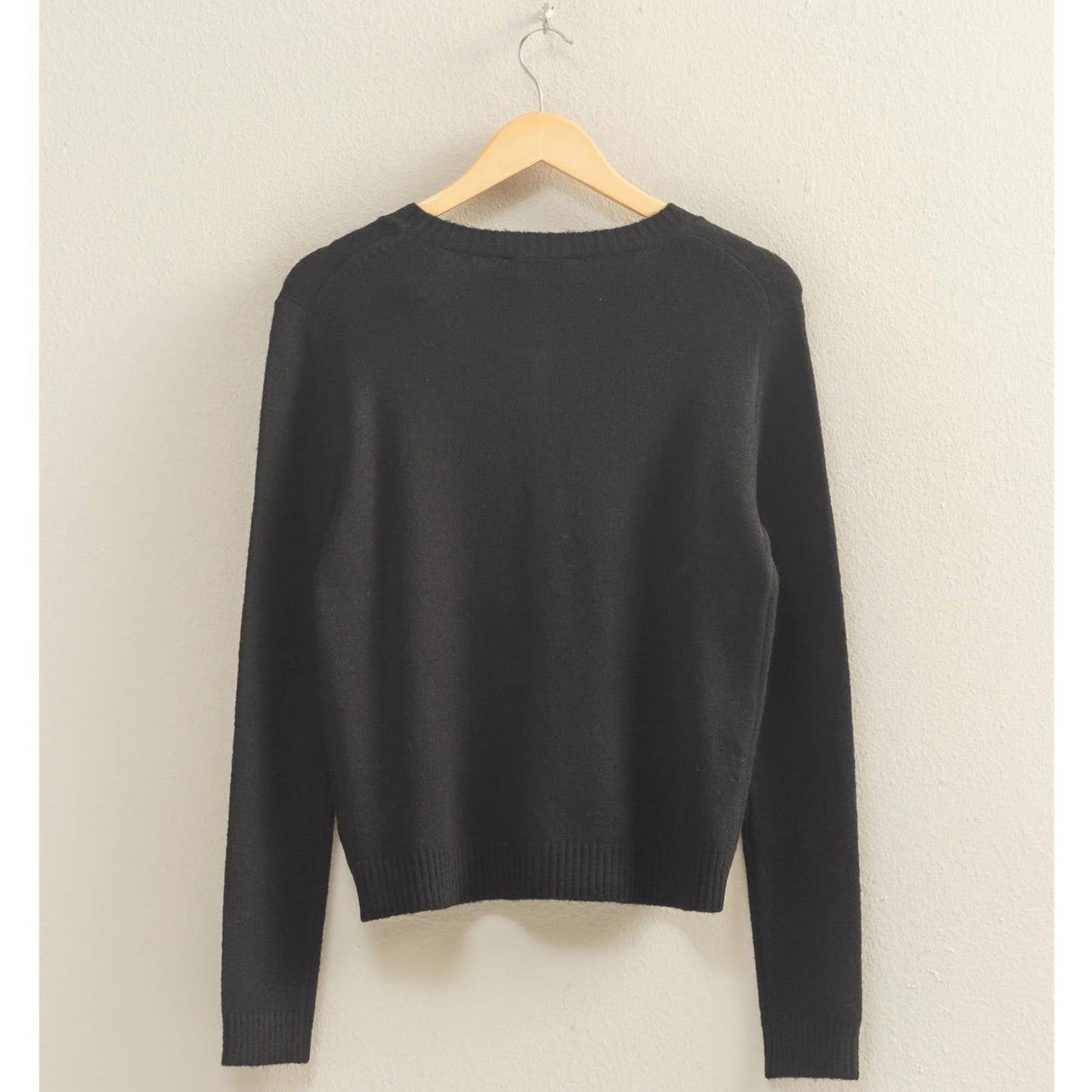 Crew Neck Long Sleeve Buttoned Cardigan: BLACK