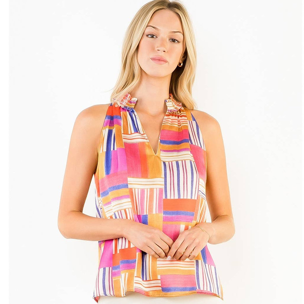 Sleeveless Ruffled Neck Pattern Top