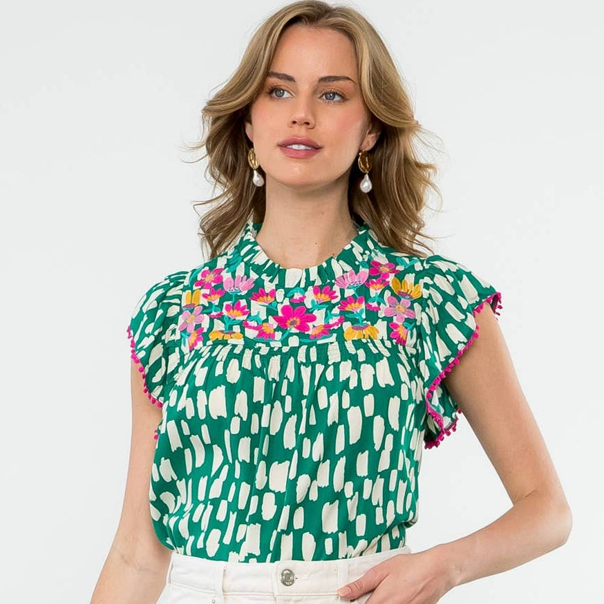 Embroidered Flutter Sleeve Print Top