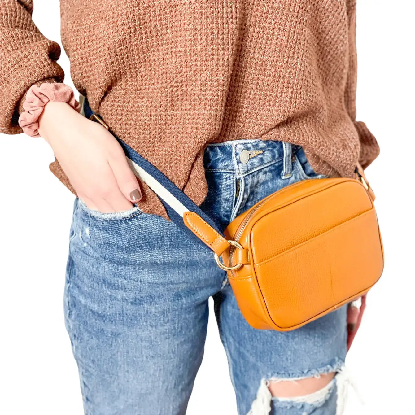 Convertible Pebbled Leather Belt Bag/Sling Bag: Camel