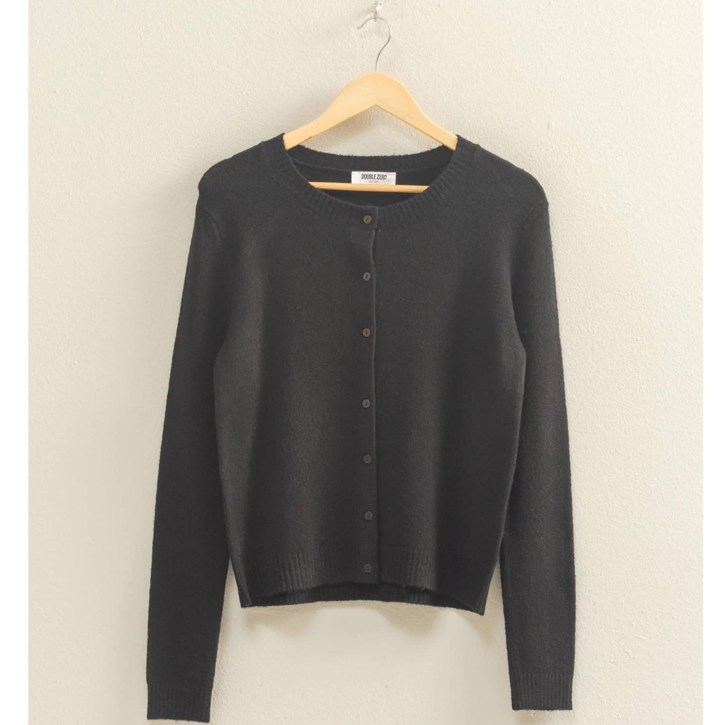 Crew Neck Long Sleeve Buttoned Cardigan: BLACK