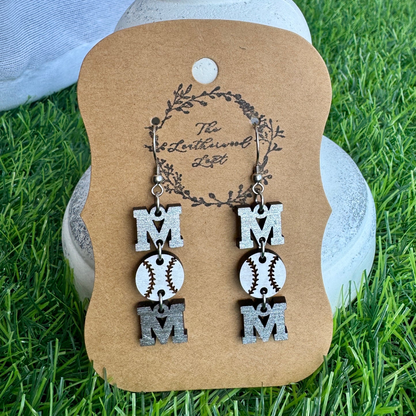 Silver "MOM" Baseball Earrings