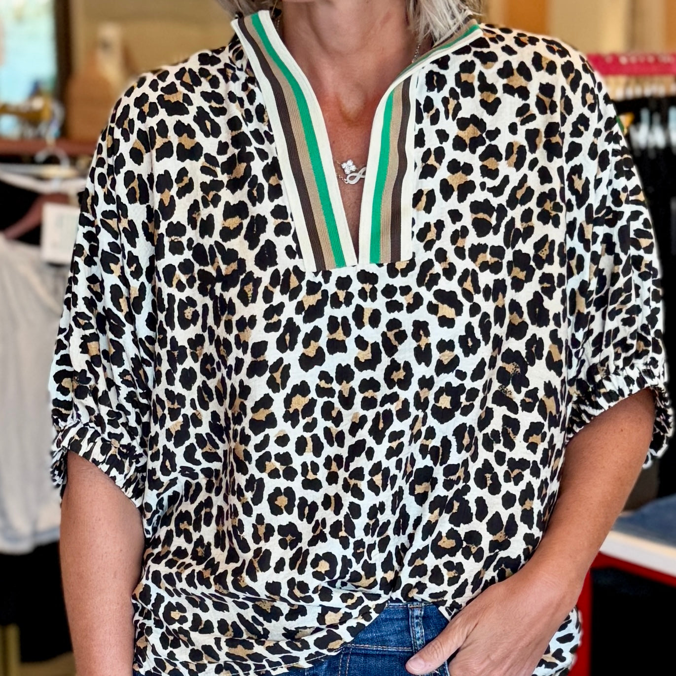 Animal Print Stripe Trim Top