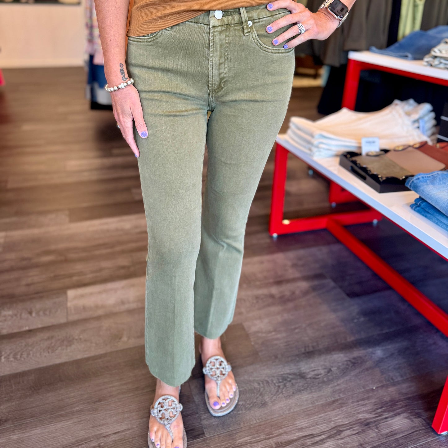 Jeanne Crop Flare--Olive