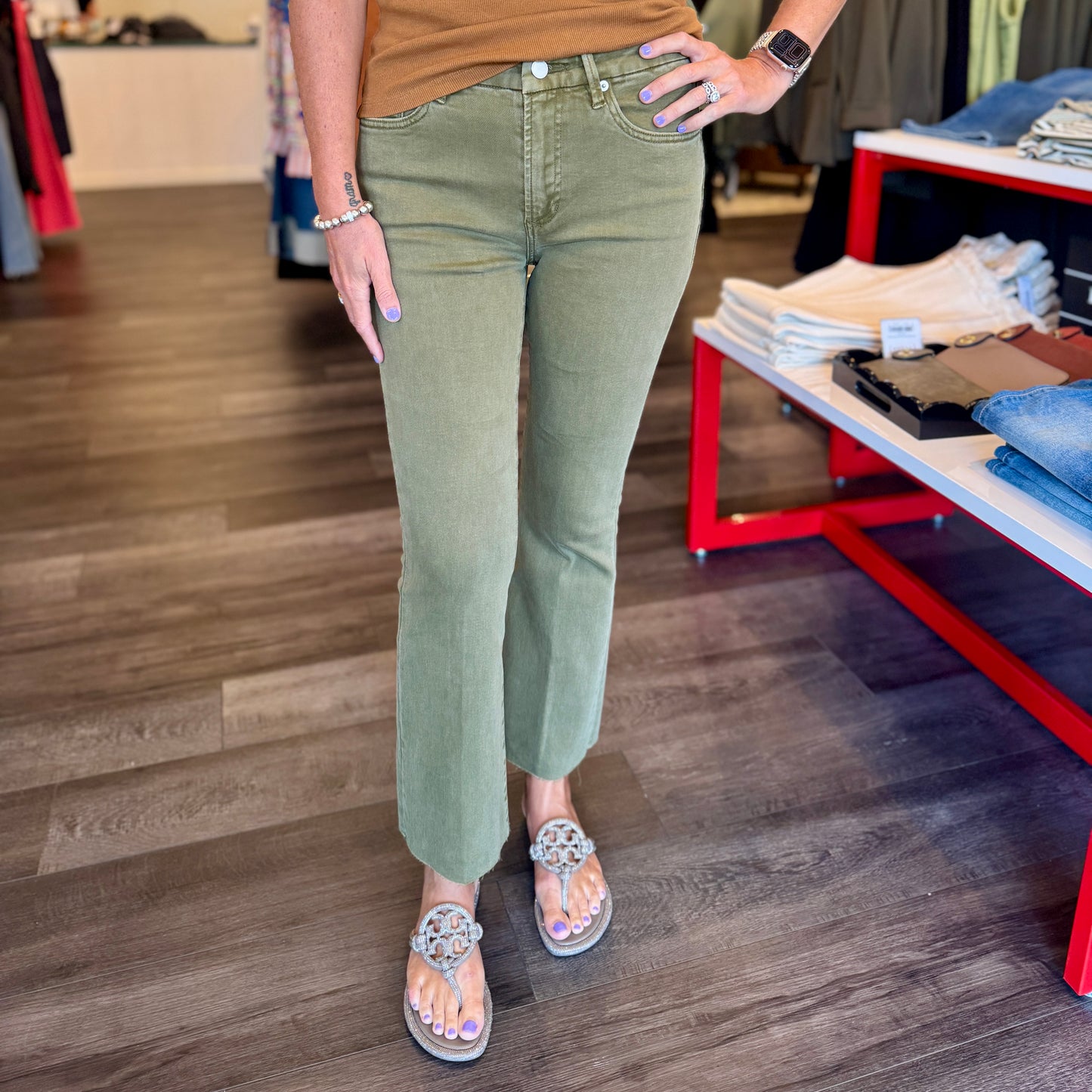 Jeanne Crop Flare--Olive