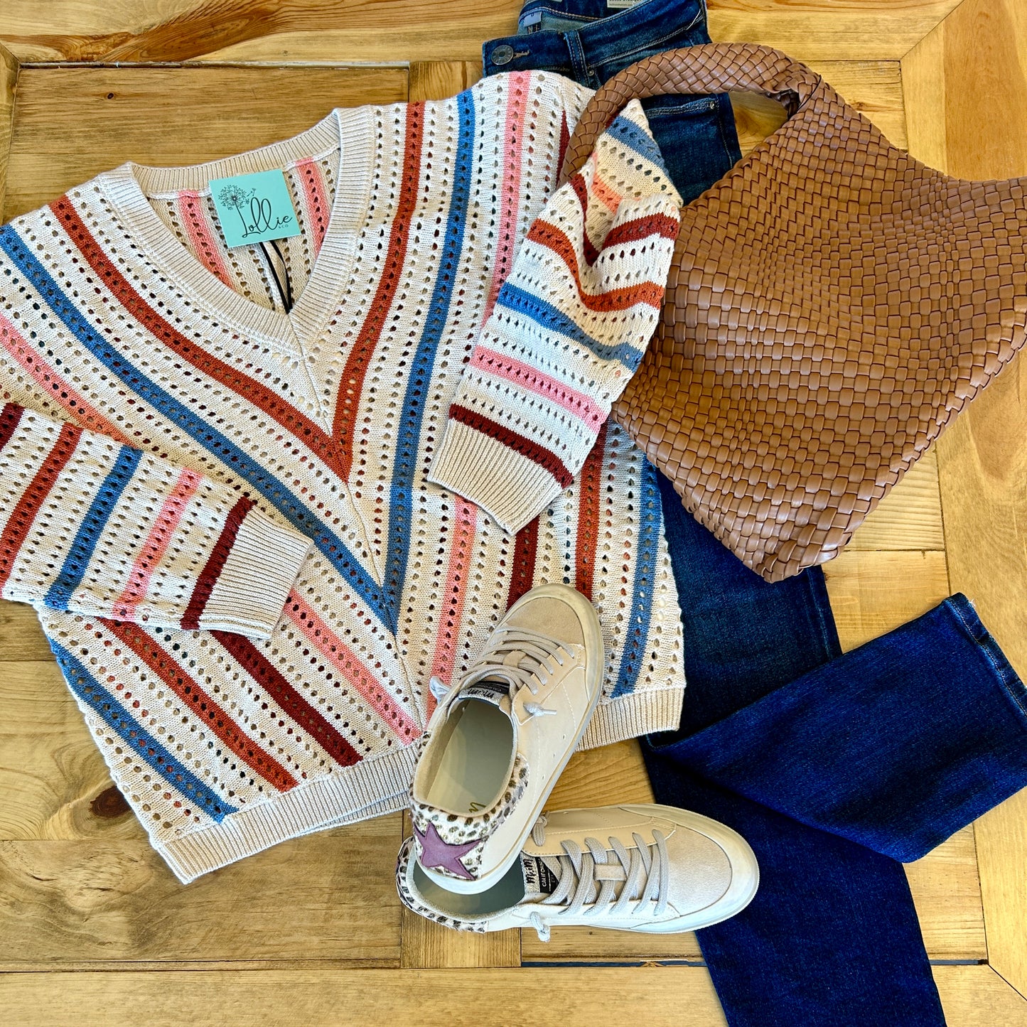 Open Knit Chevron Stripe Sweater