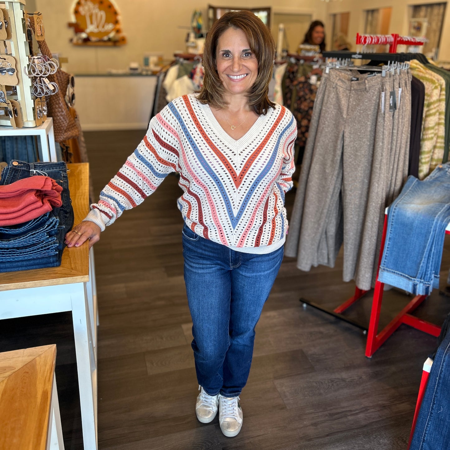 Open Knit Chevron Stripe Sweater