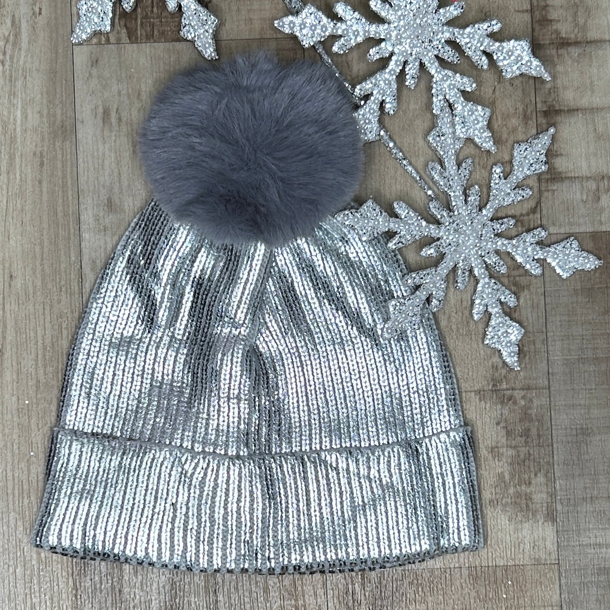 Silver Metallic Pom Beanie