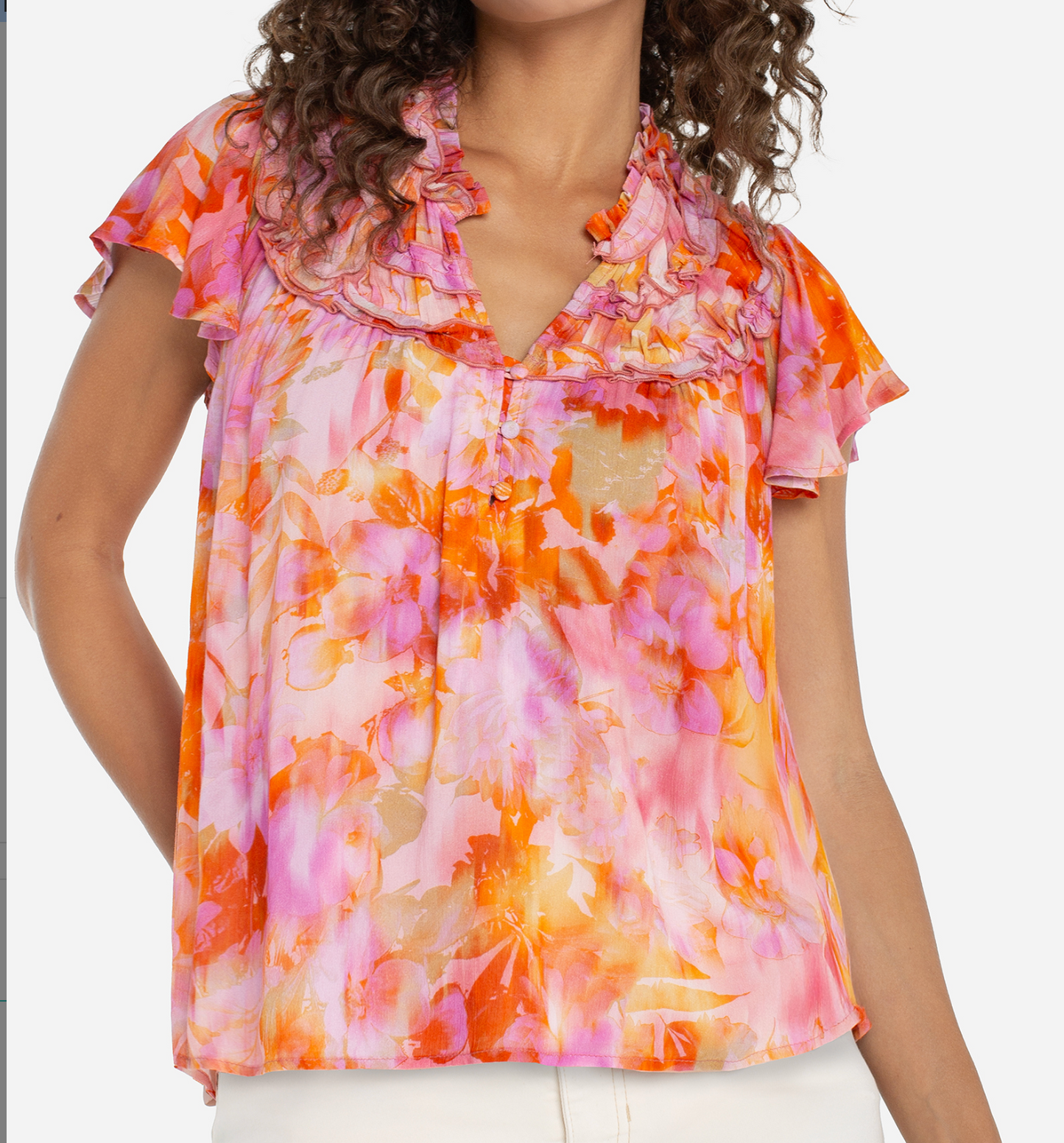 flutter sleeve popover woven blouse w/ ruffl