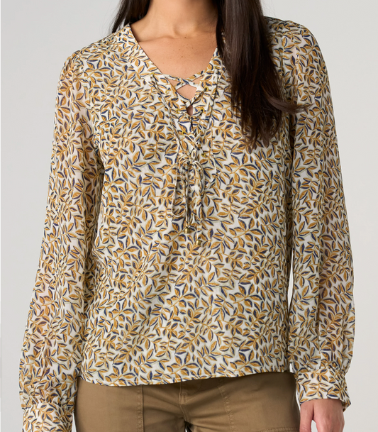 Long Sleeve Lace Up Woven Blouse