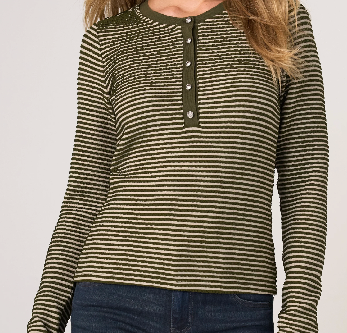 Long Sleeve Knit Henley Top W/ Sweater Trim