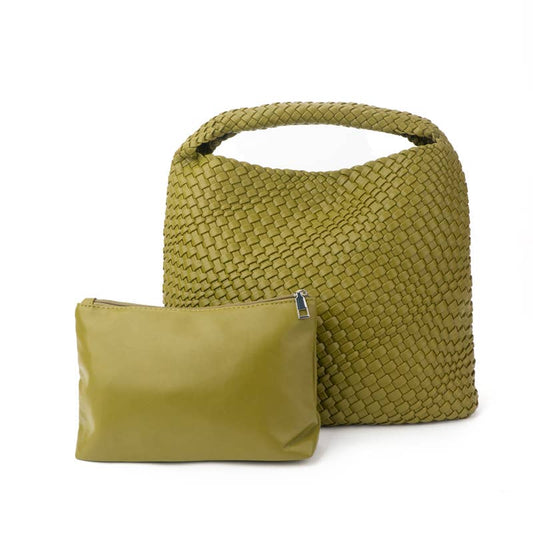 The Willow | Large Woven Vegan Leather Tote with Pouch Bag: Olive