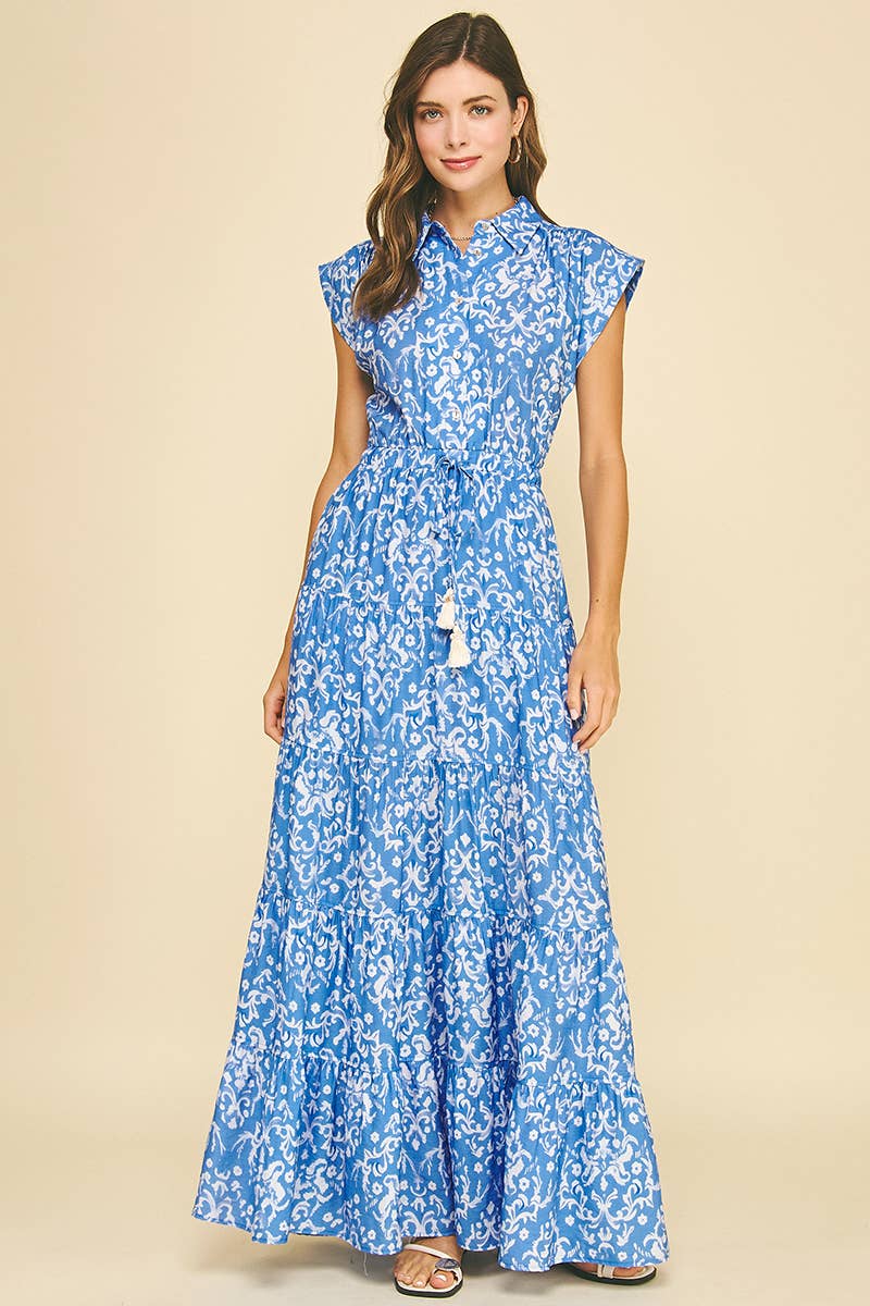 blue damask dress Print Tiered Maxi with Tassel Tie Large filter-season:Summer Details Elevate your style How Fashion People Wear Shirt Size:15.5
