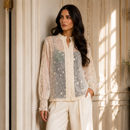 Embroidered Lace Button-Front Blouse