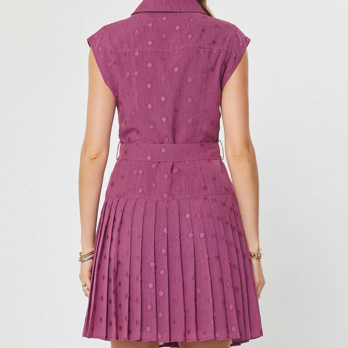 Dot Pleated Button Down Mini Dress