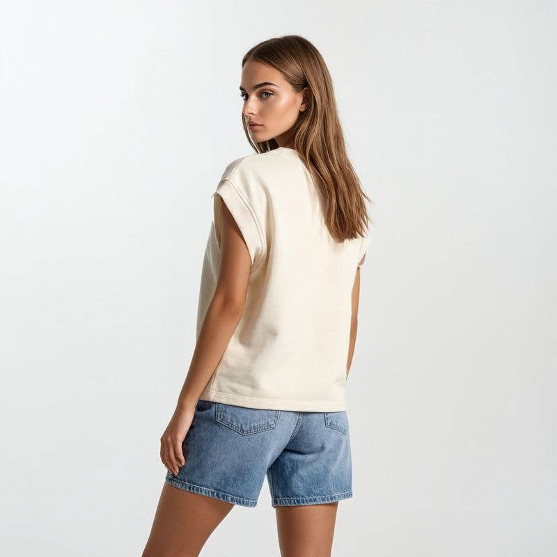 Floral Embroidery Print & Terry Mix Muscle Top - Butter