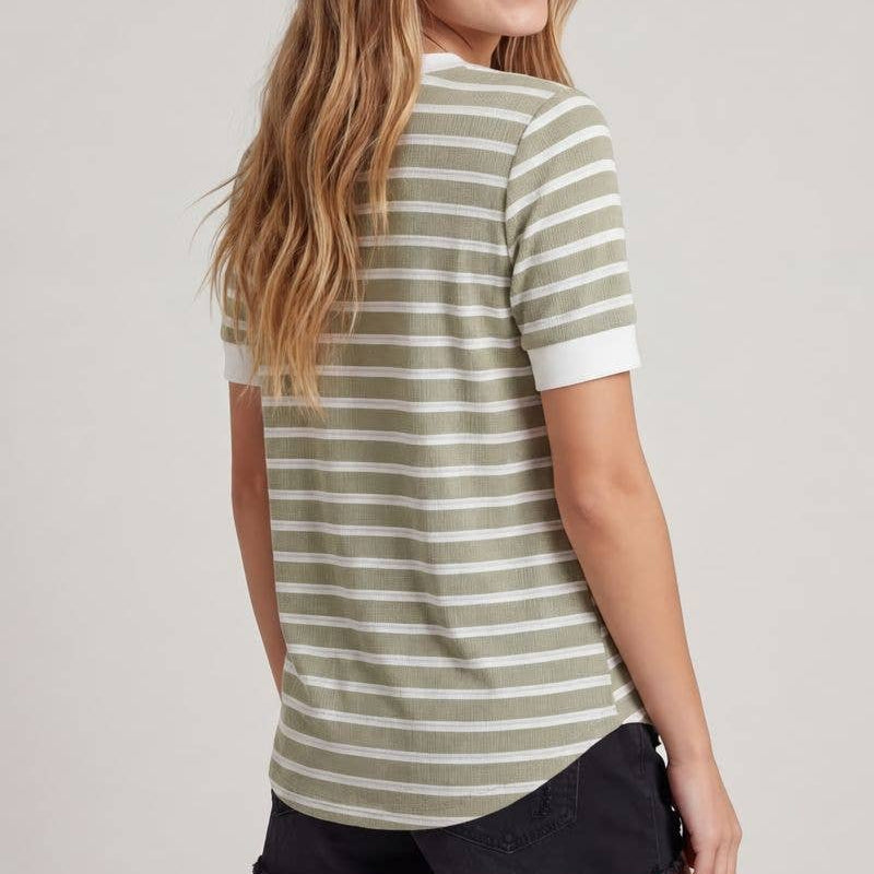 Split V-Neck Striped Short Sleeve Top