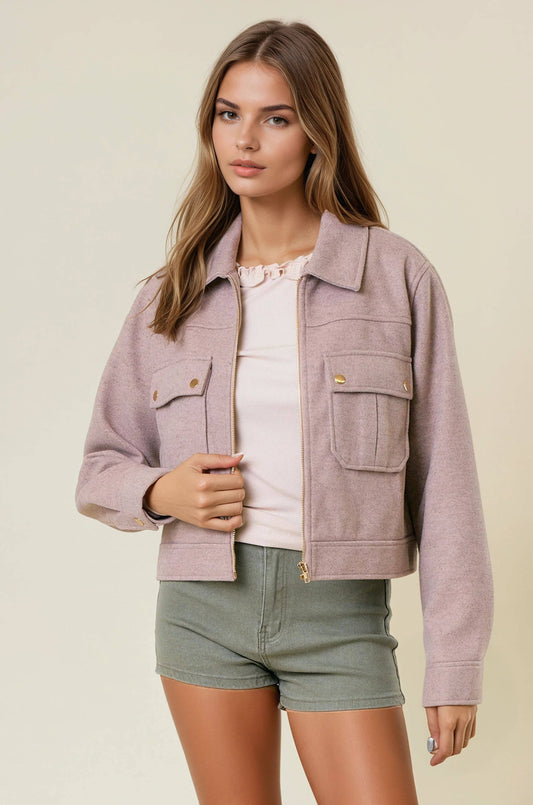 Collared Neck Long Sleeve Front Metal Zip Jacket